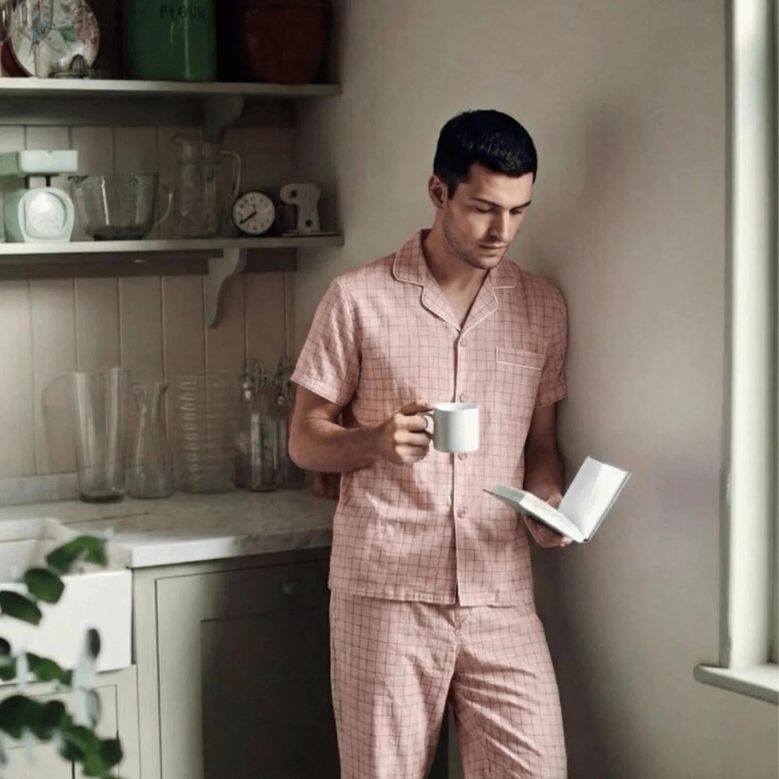 Luca Washed Cotton Plaid Lapel Pajama Set / Pink