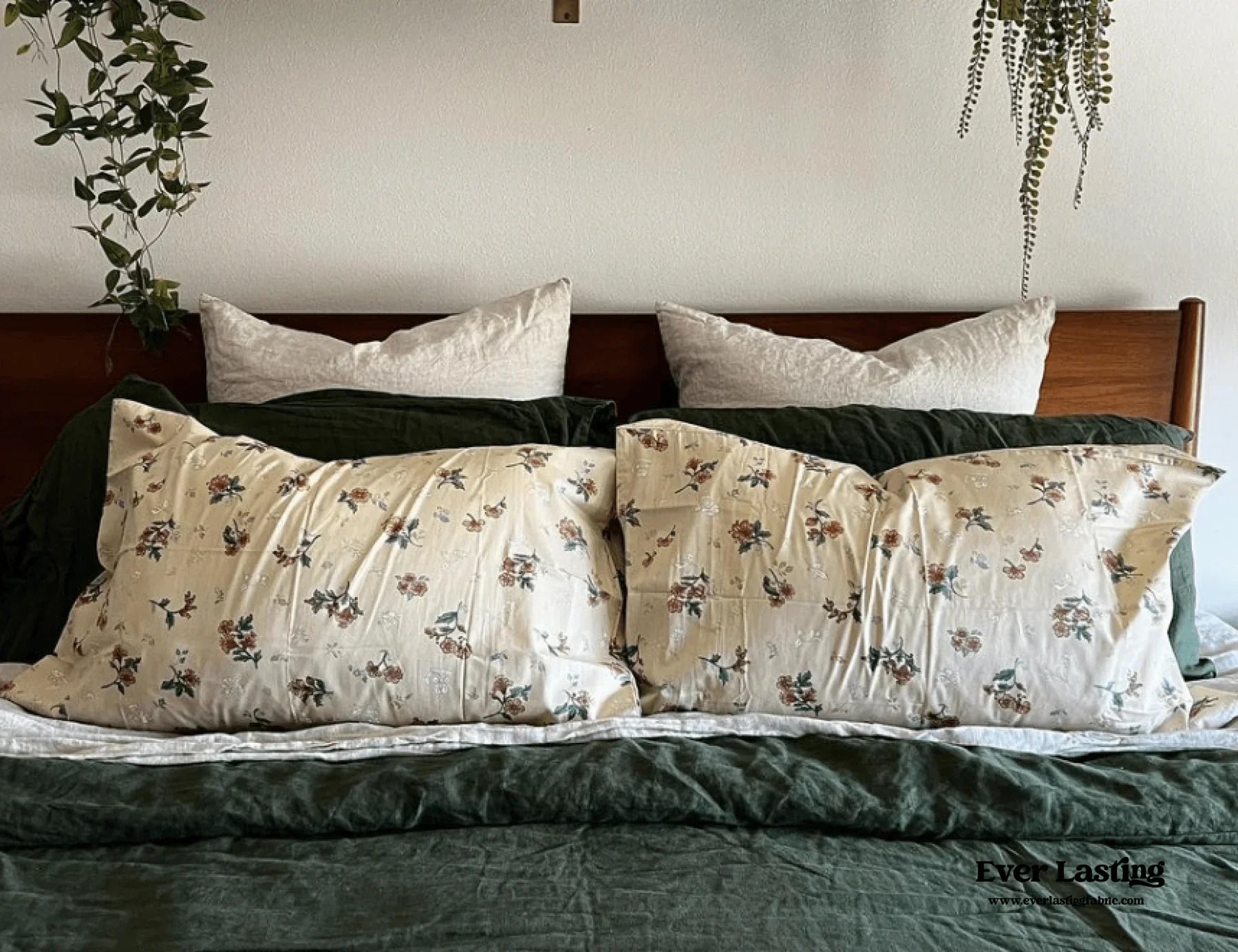 Muted Neutral Velvet Floral Bedding Set / Mint Green