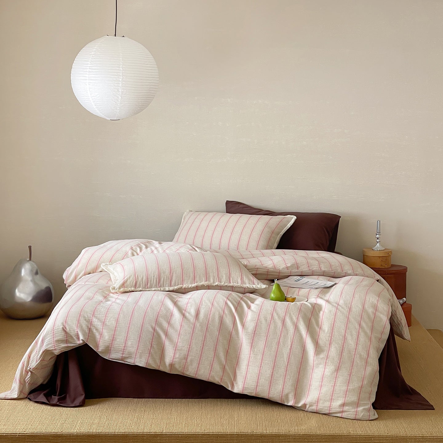 Elina Striped Bedding Set / Pink + Brown