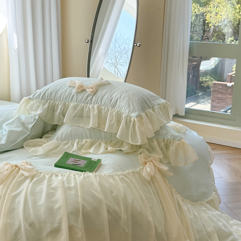 Ribbon Bow Airy Lace Bedding Set / Cream White Bedding Set