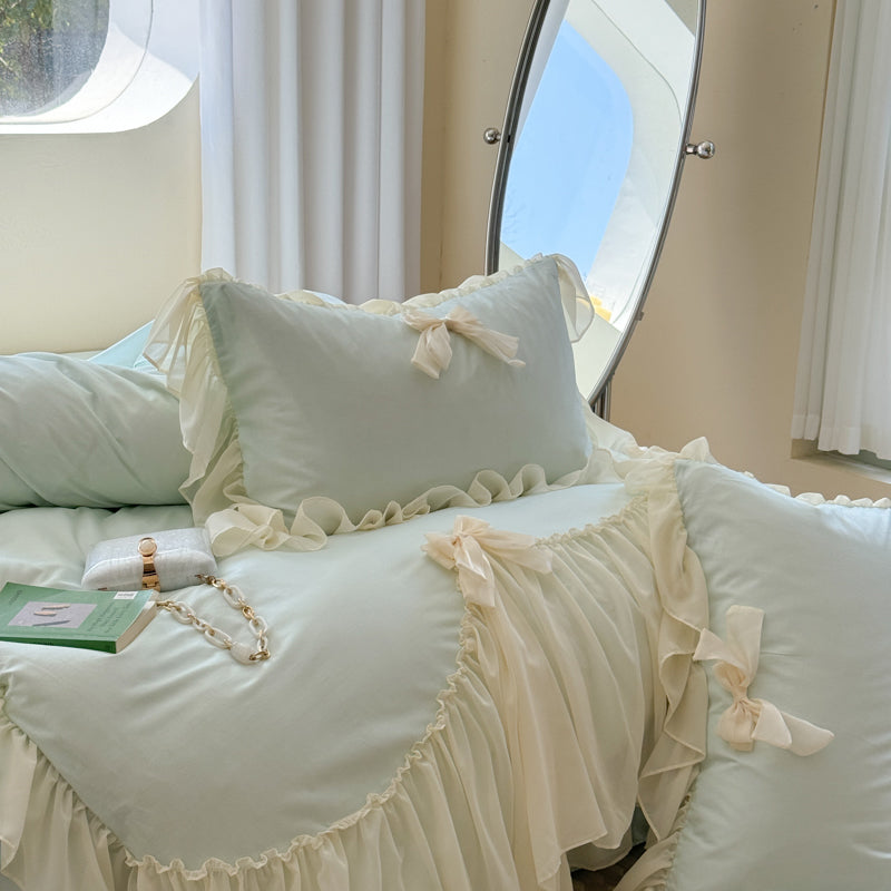Ribbon Bow Airy Lace Bedding Set / Cream White Bedding Set
