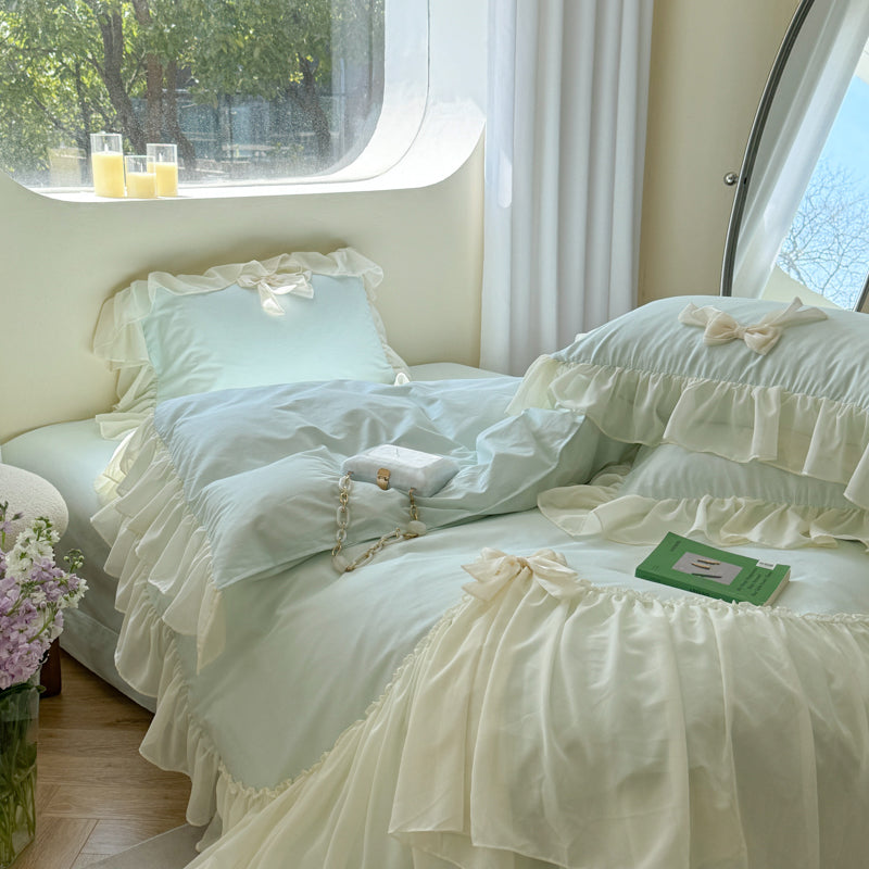 Ribbon Bow Airy Lace Bedding Set / Cream White Bedding Set