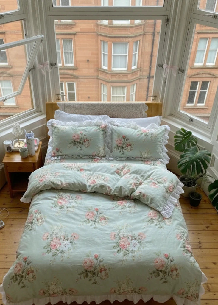French Ruffle Floral Small Room Bedding Set / Green