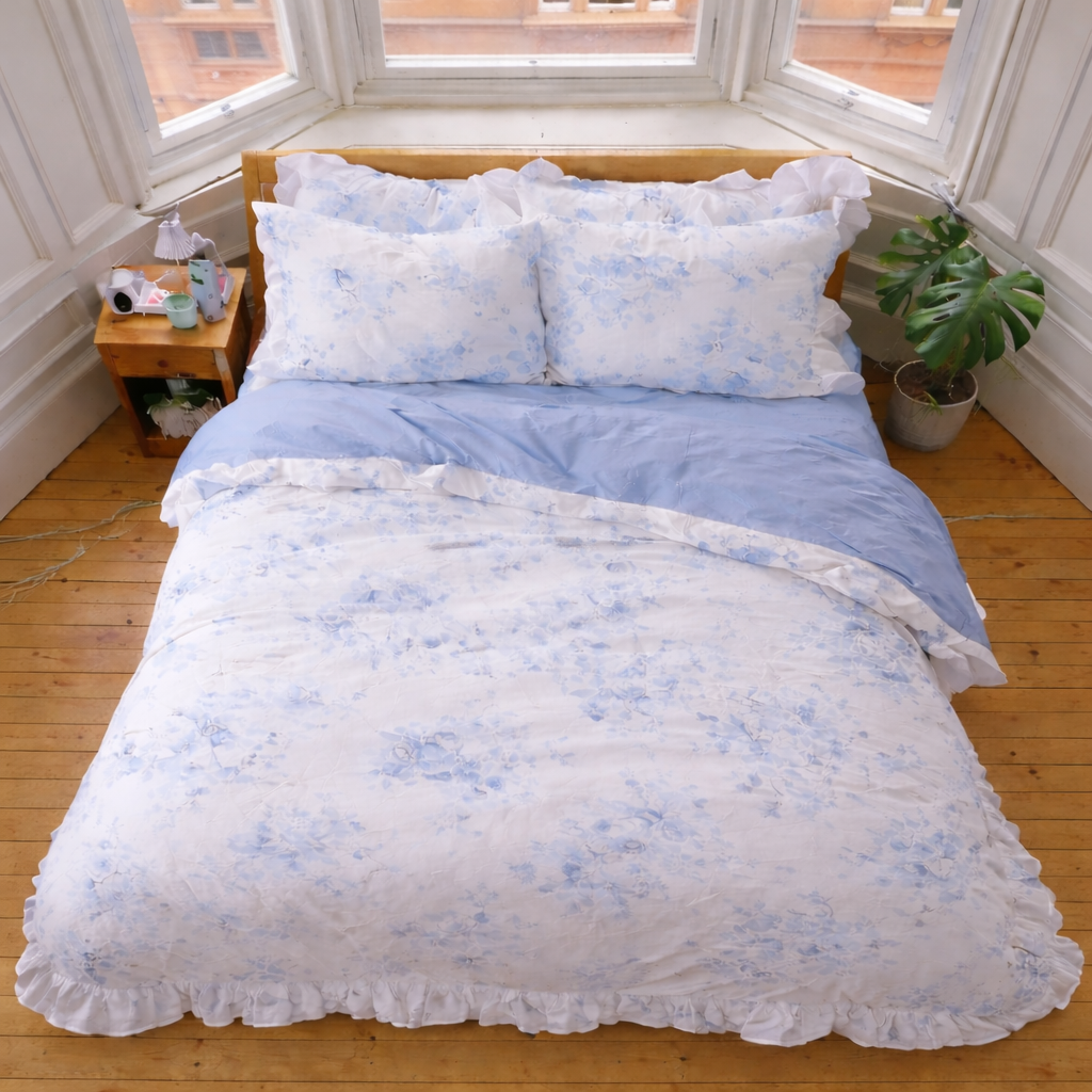 French Ruffle Floral Small Room Bedding Set / Blue