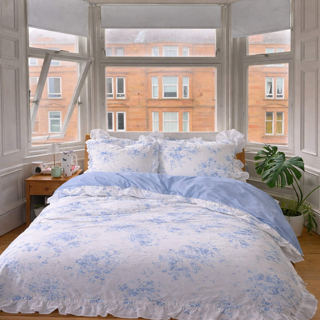 French Ruffle Floral Small Room Bedding Set / Blue