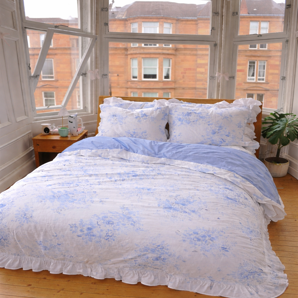 French Ruffle Floral Small Room Bedding Set / Blue