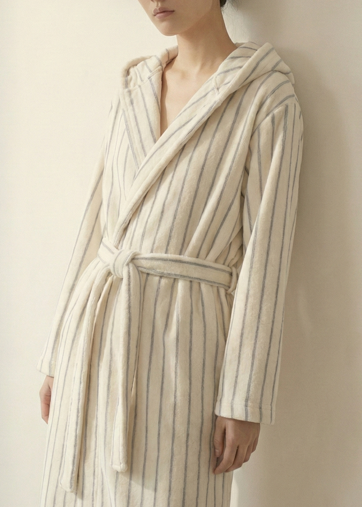 Luna Winter Stripe Hooded Robe & Pants Set / Cream Gray