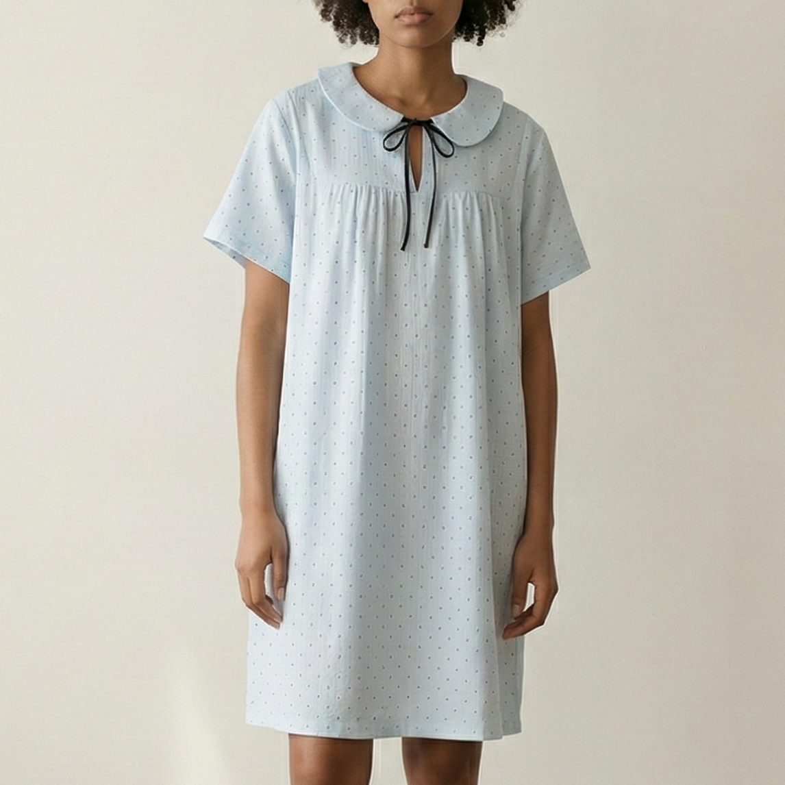 Lina Polka Dot Double Gauze Nightgown Dress / Soft Water Blue