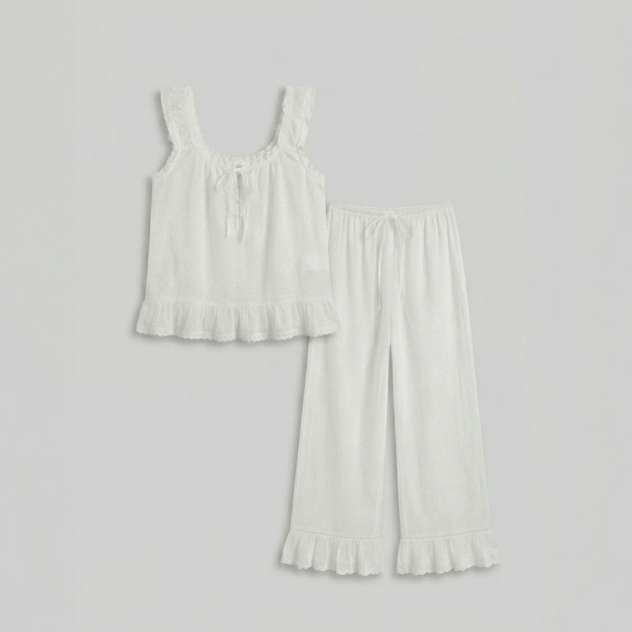 Arielle Cotton Embroidered Lounge Set / White