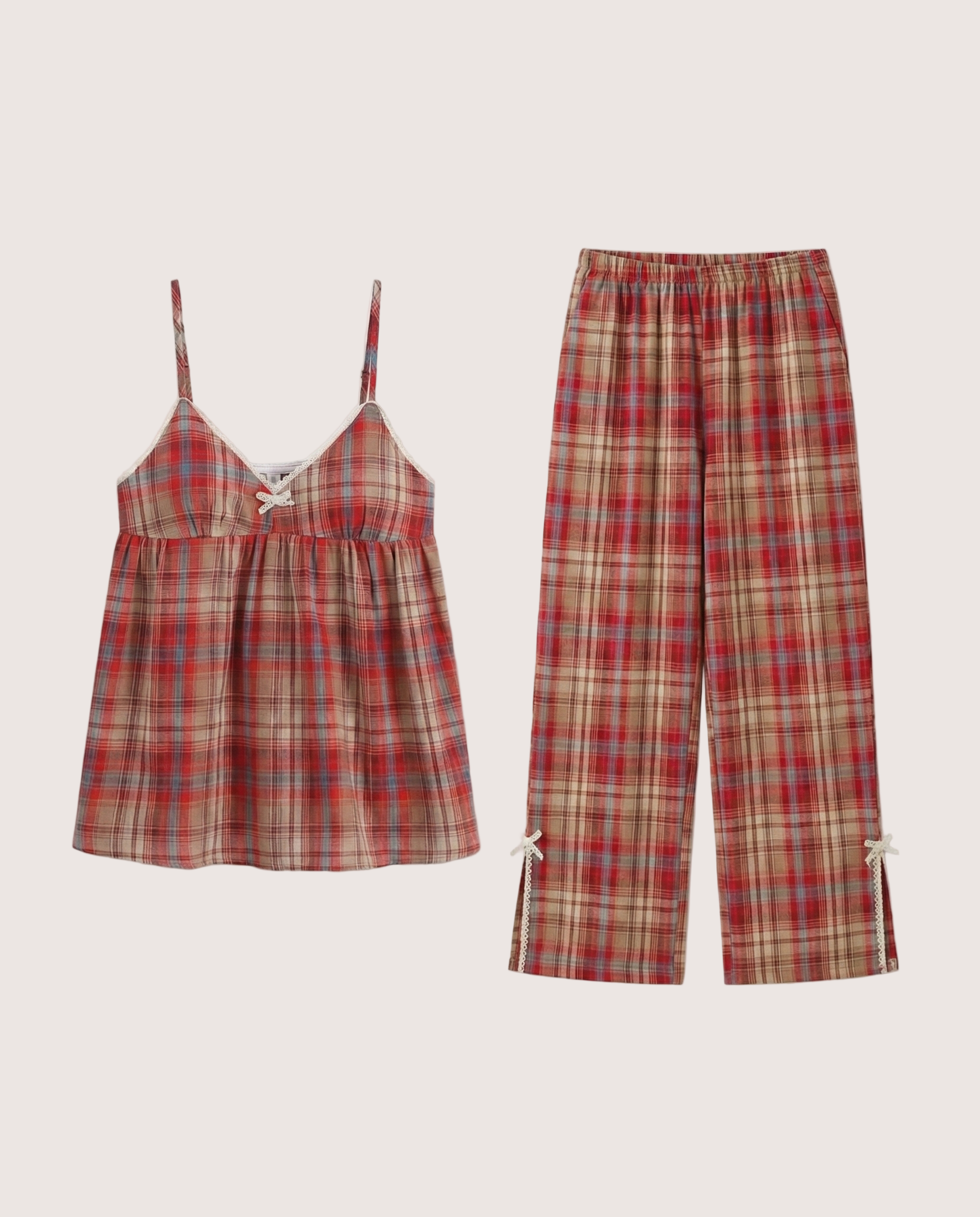 Sweet Lace Red Plaid Ribbon Pajama Set / V Neck