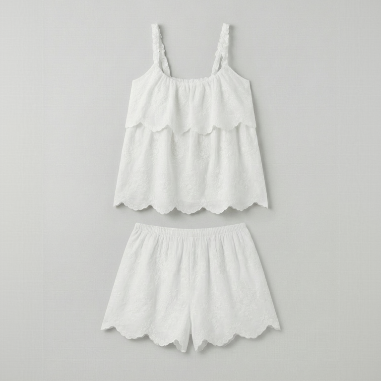 Elodie Embroidered Cotton Gauze PJ Set / White