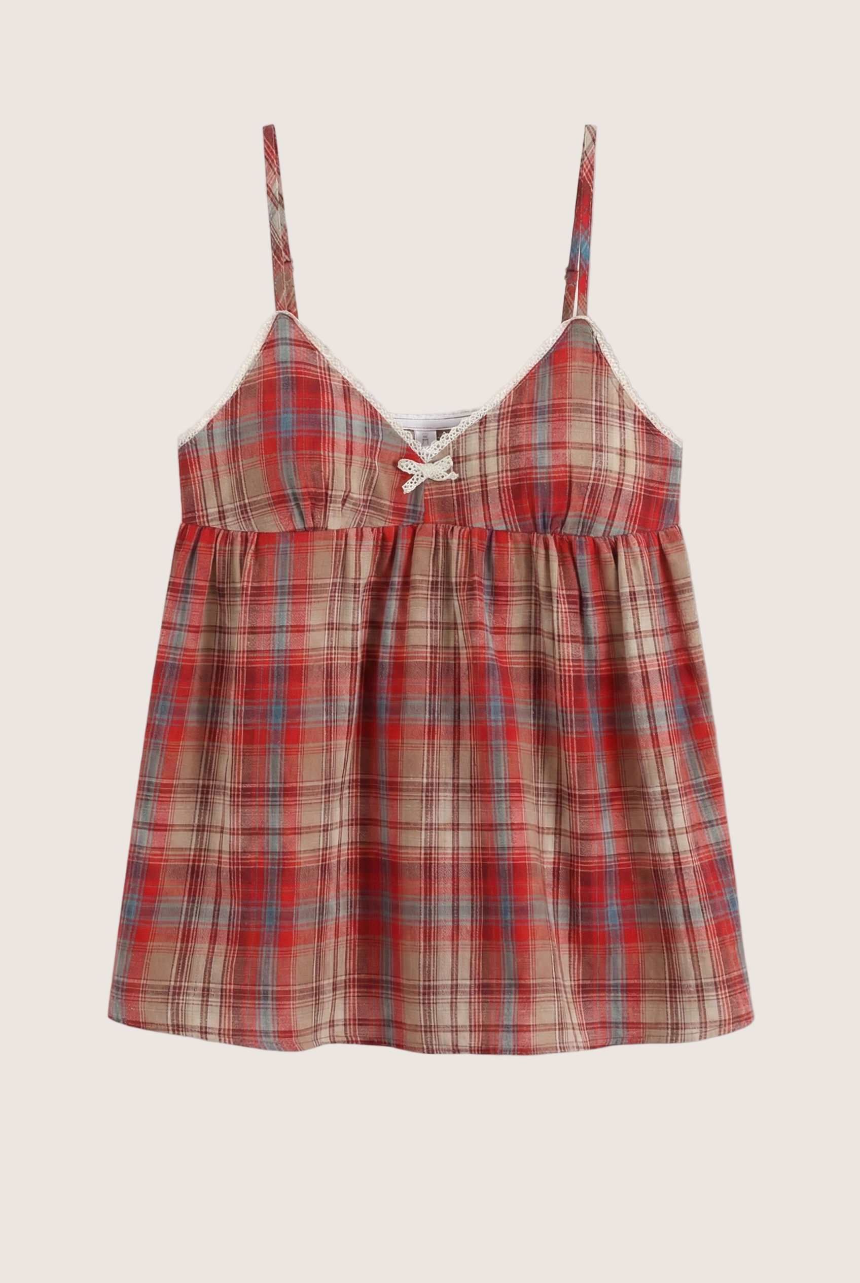 Sweet Lace Red Plaid Ribbon Pajama Set / V Neck