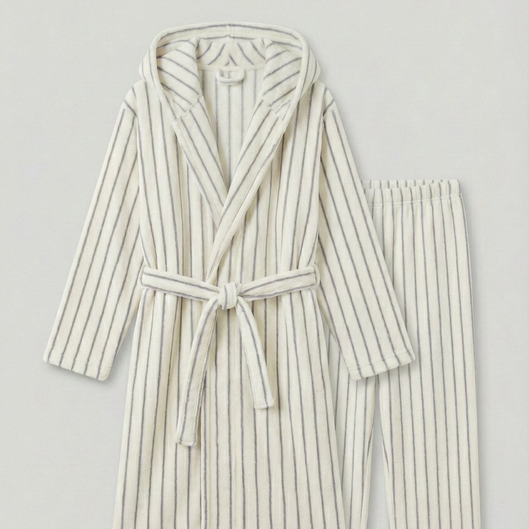 Luna Winter Stripe Hooded Robe & Pants Set / Cream Gray