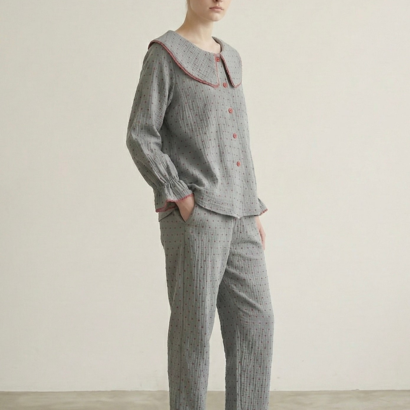 Polka Dot Cute Collared Pajama Set