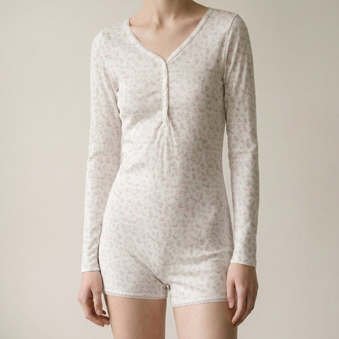 Floral Pajama Long Sleeves Bodysuit / Pink