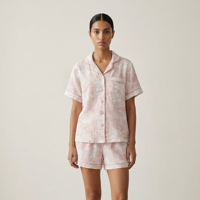 French Cottage Short Sleeves and Shorts Cotton Pajama Set / Pink