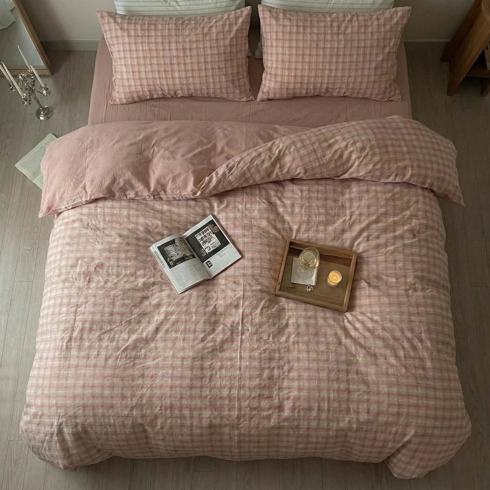 Soft Blend Plaid Small Room Bedding Set / Pink