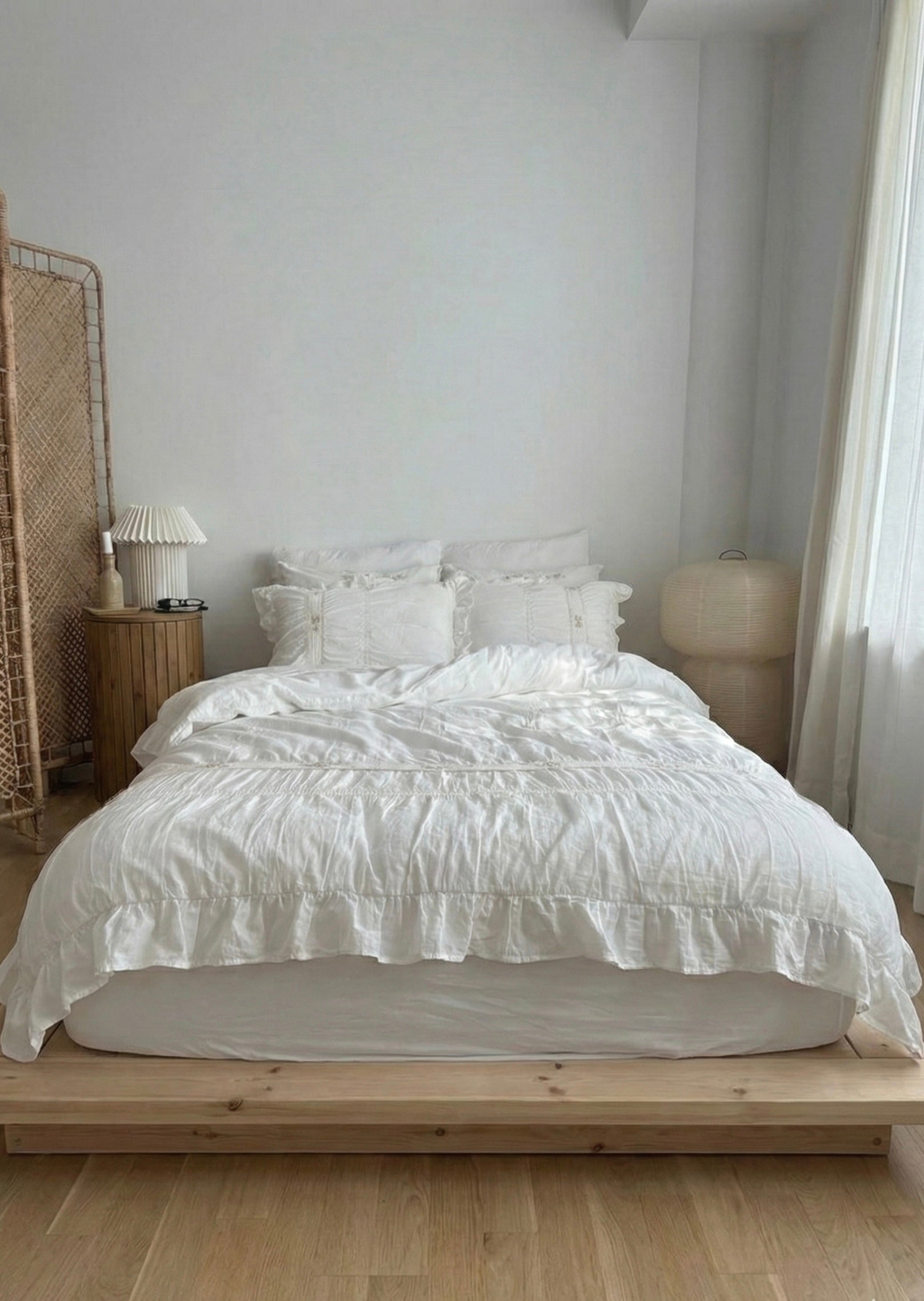 Embroidered Lace Ruffle Small Room Bedding Set / White