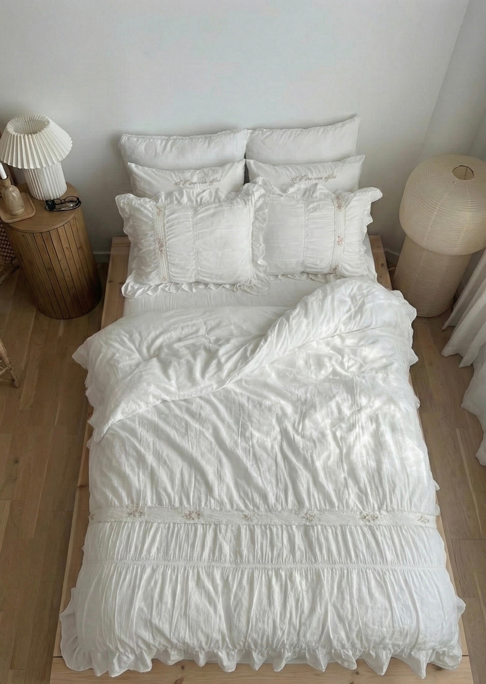 Embroidered Lace Ruffle Small Room Bedding Set / White