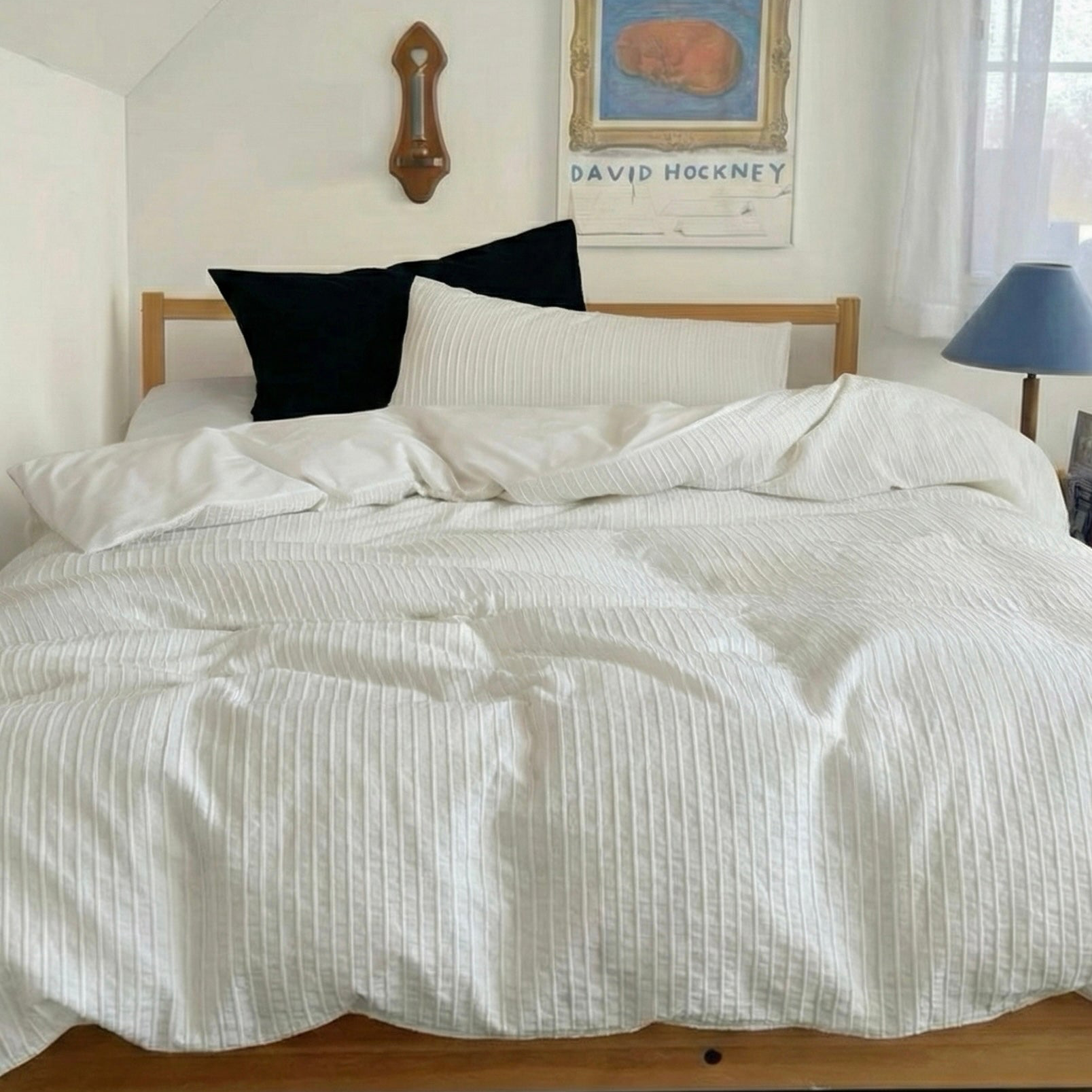 Logan Modern Pleated Striped Small Room Bedding Set / White