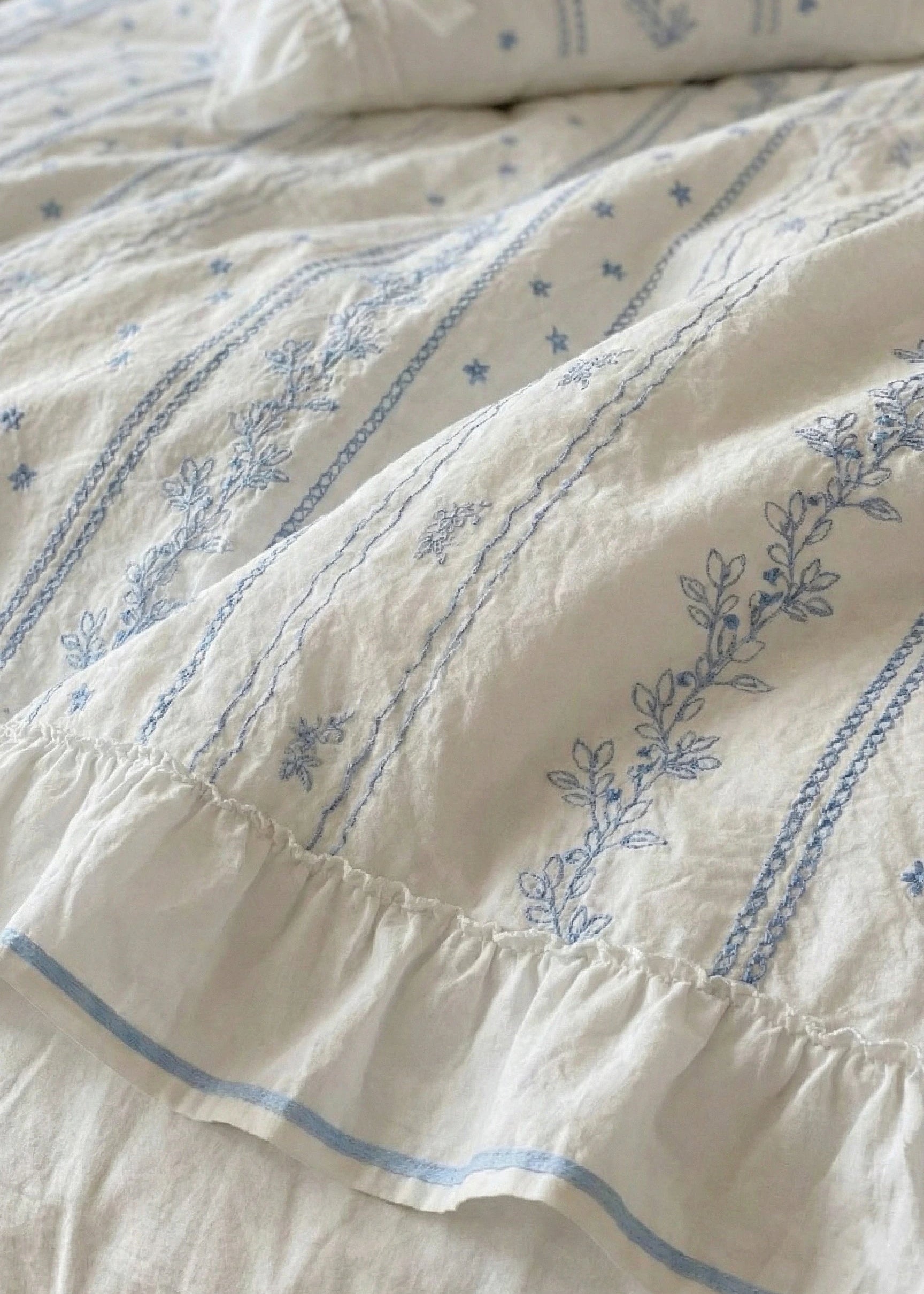 Embroidered French Lace Ruffle Small Room Bedding Set / Blue
