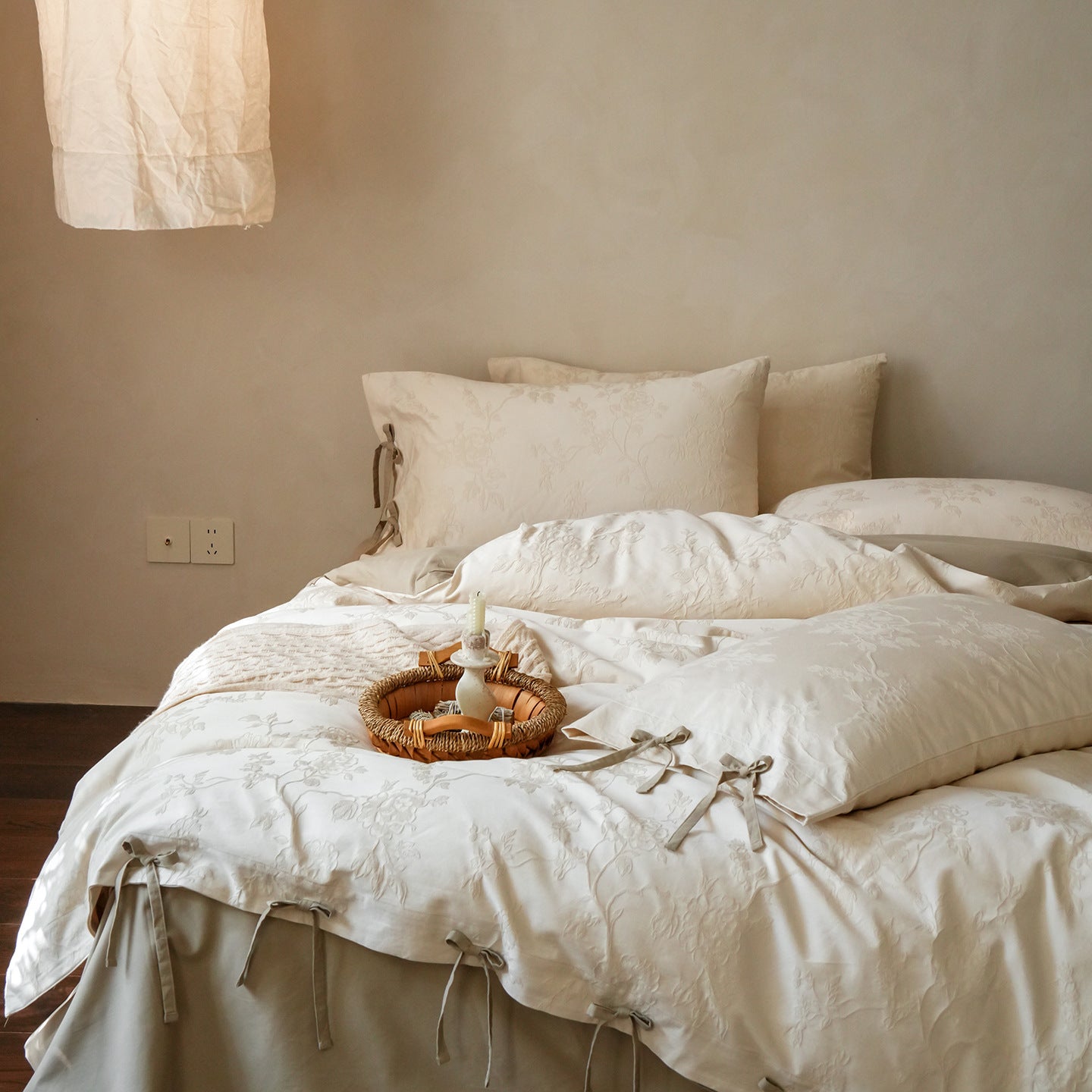 Liora Ribbon Bow Tied Floral Bedding Set / Beige