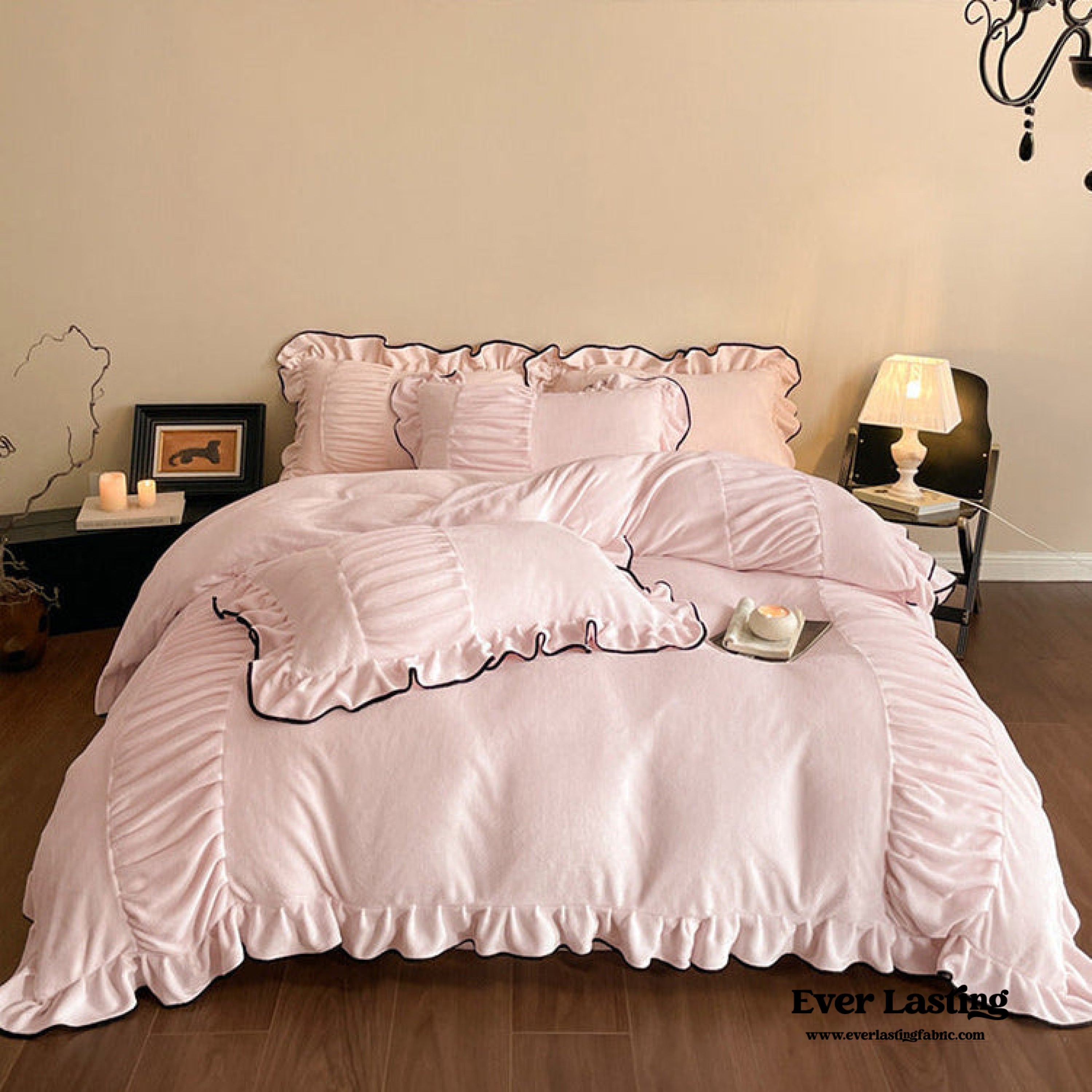 Marigold Velvet Pleated Lace Bedding Set / Pink