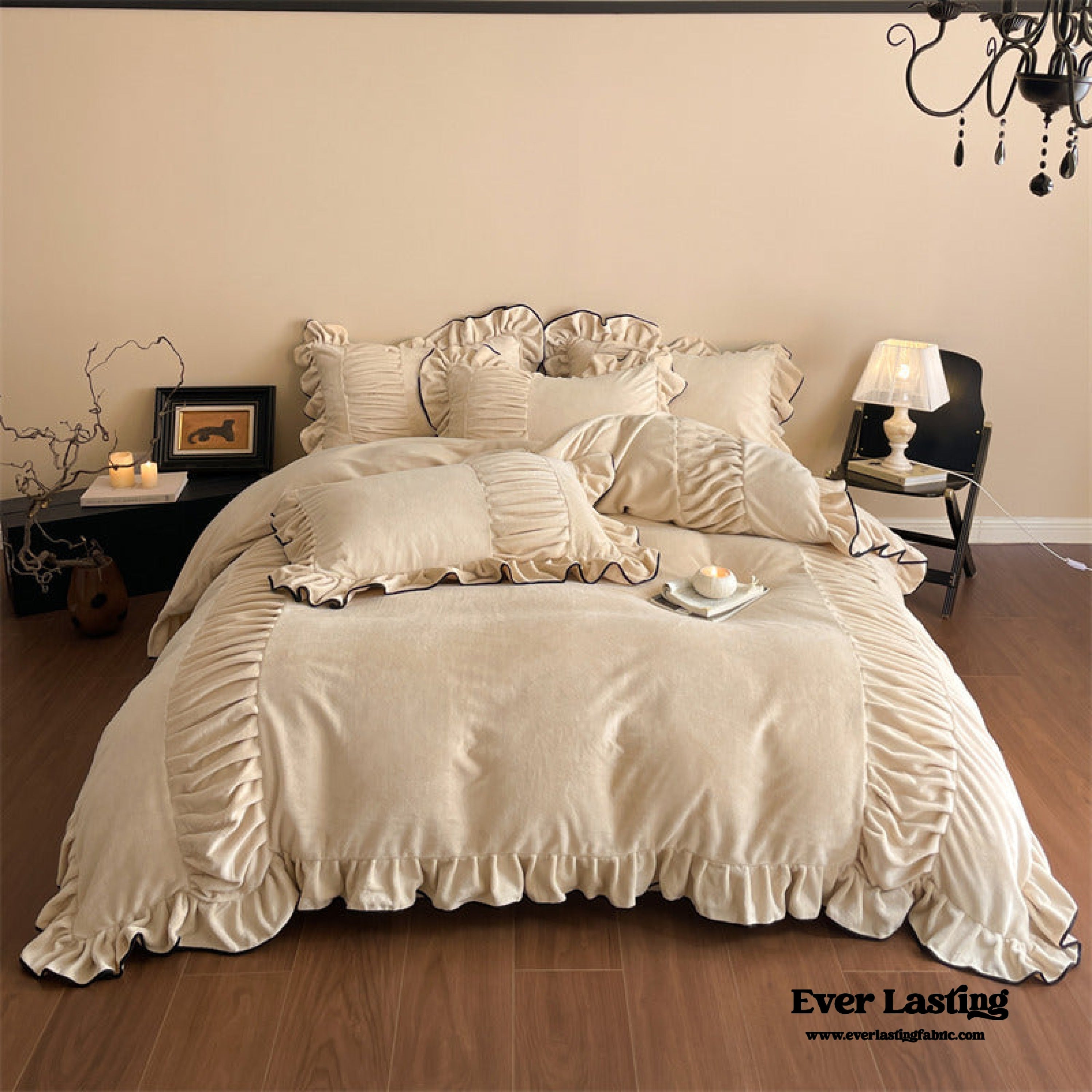 Marigold Velvet Pleated Lace Bedding Set / Beige