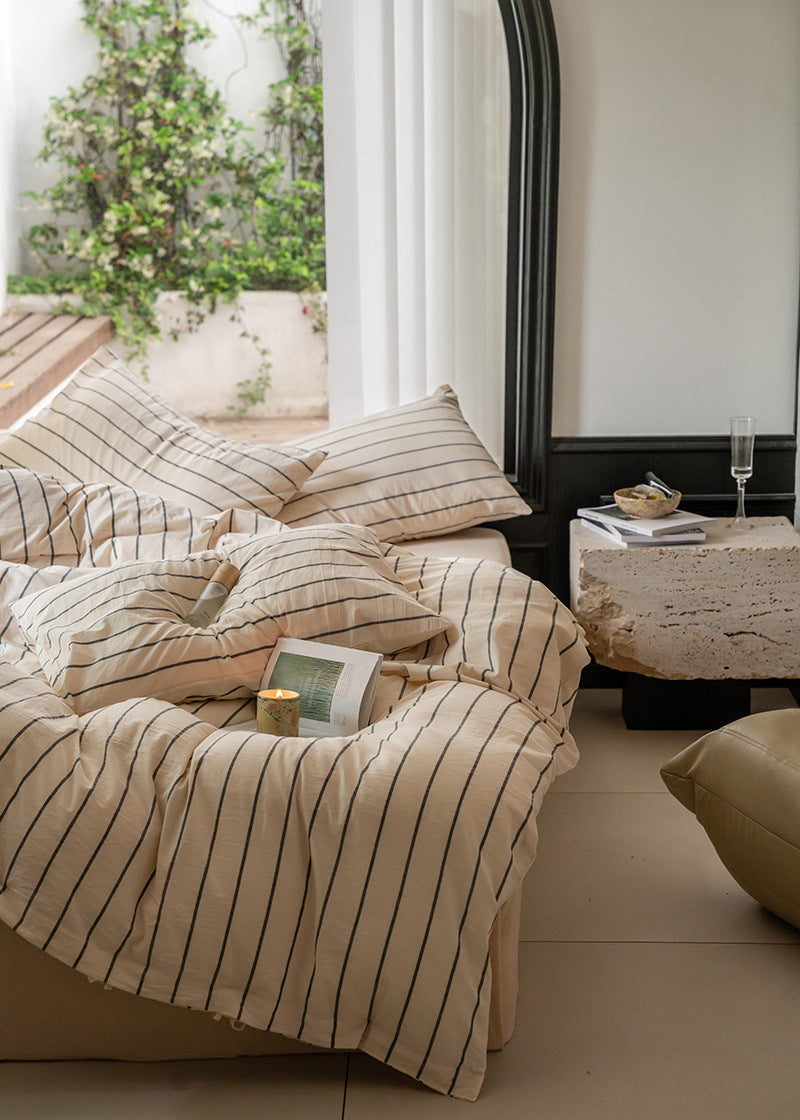 Minimalist Vertical Stripe Bow Ties Bedding Set / Beige Custard