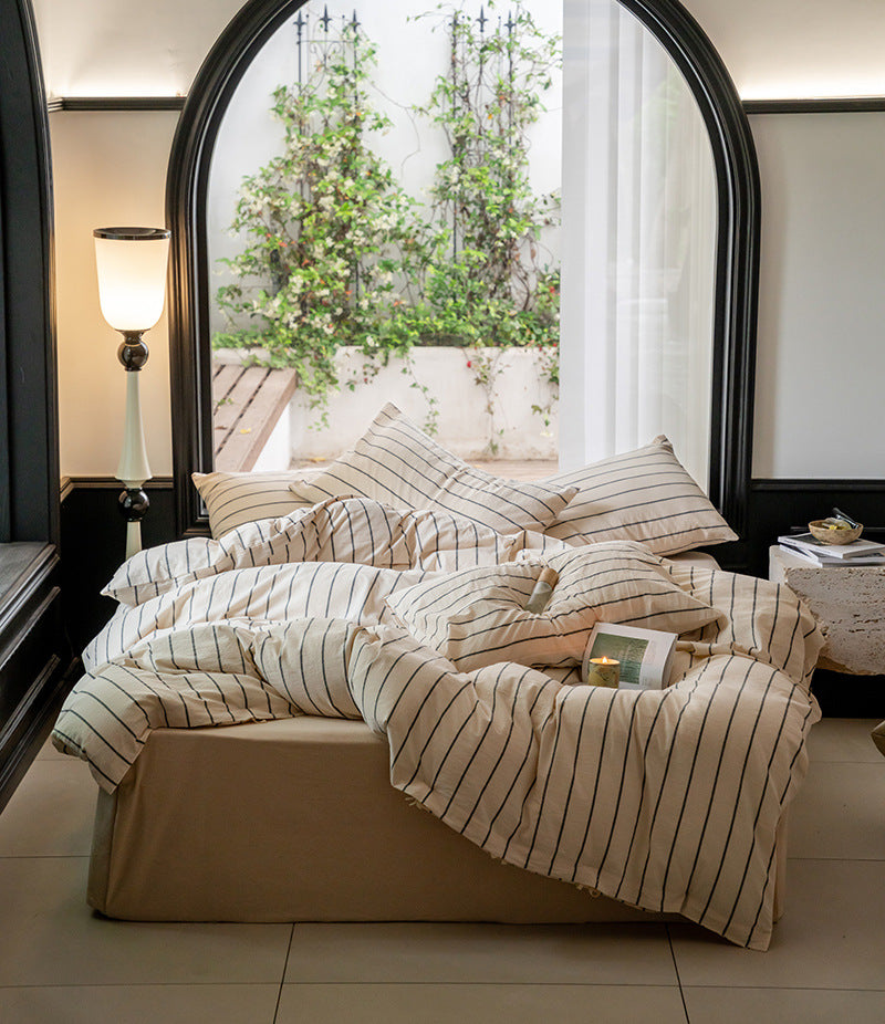 Minimalist Stripe Bow Ties Bedding Bundle Beige / Small Fitted Set