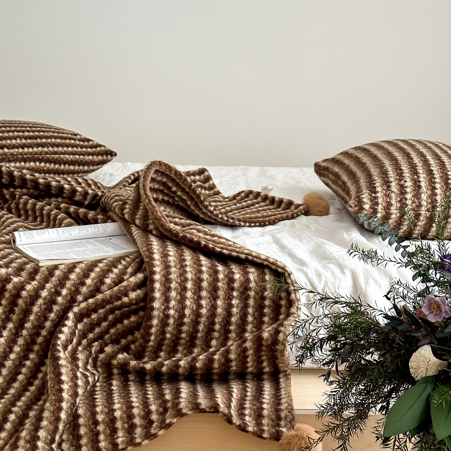 Noelle Driftwood Stripe Velvet Throw / Brown