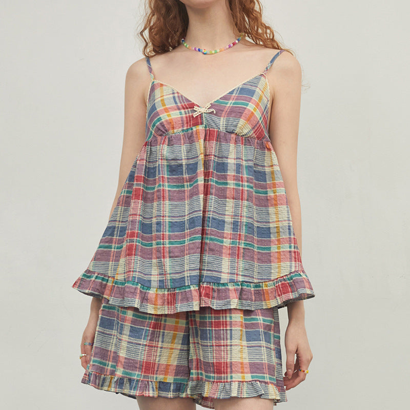 Vintage Inspired Plaid Tank Shorts Pajama Set Pajamas