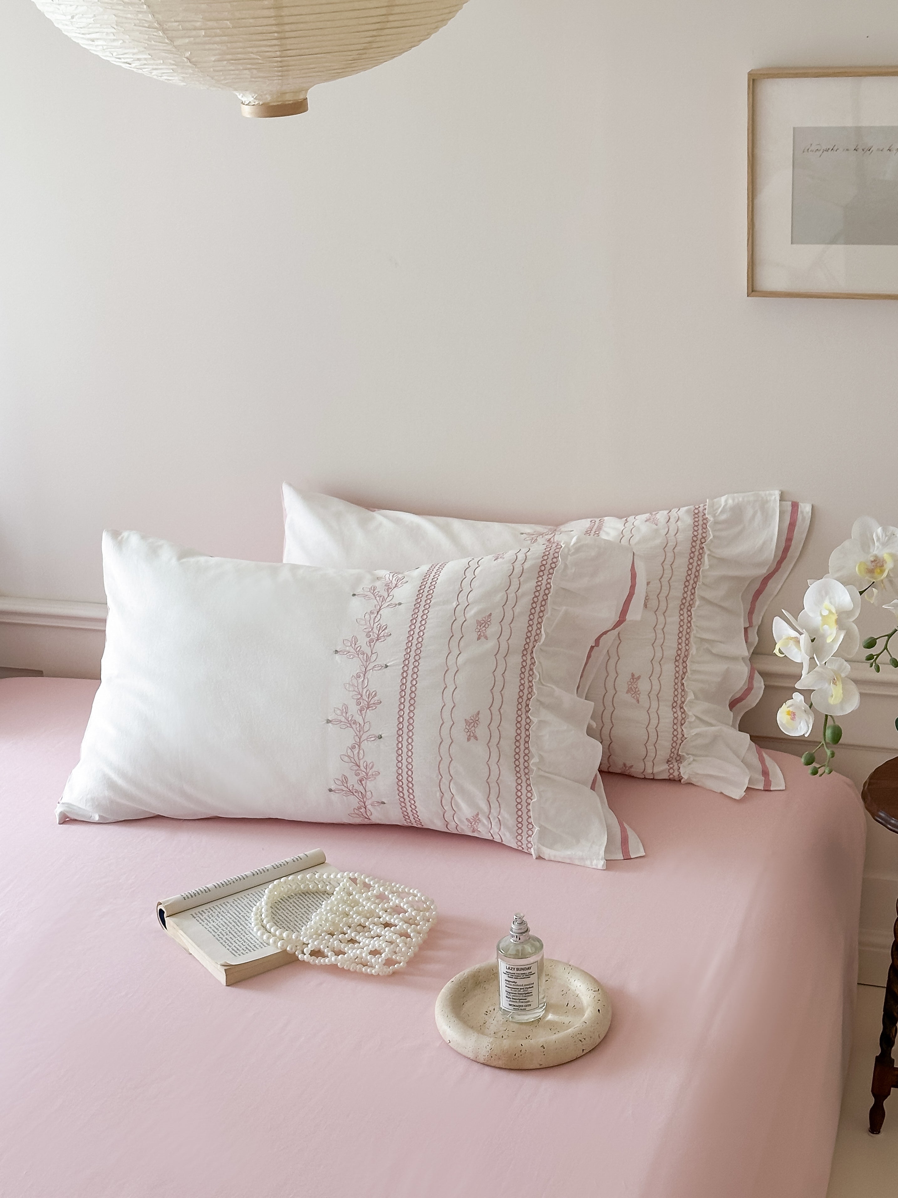 Embroidered French Lace Ruffle Bedding Set / Pink Bedding Set