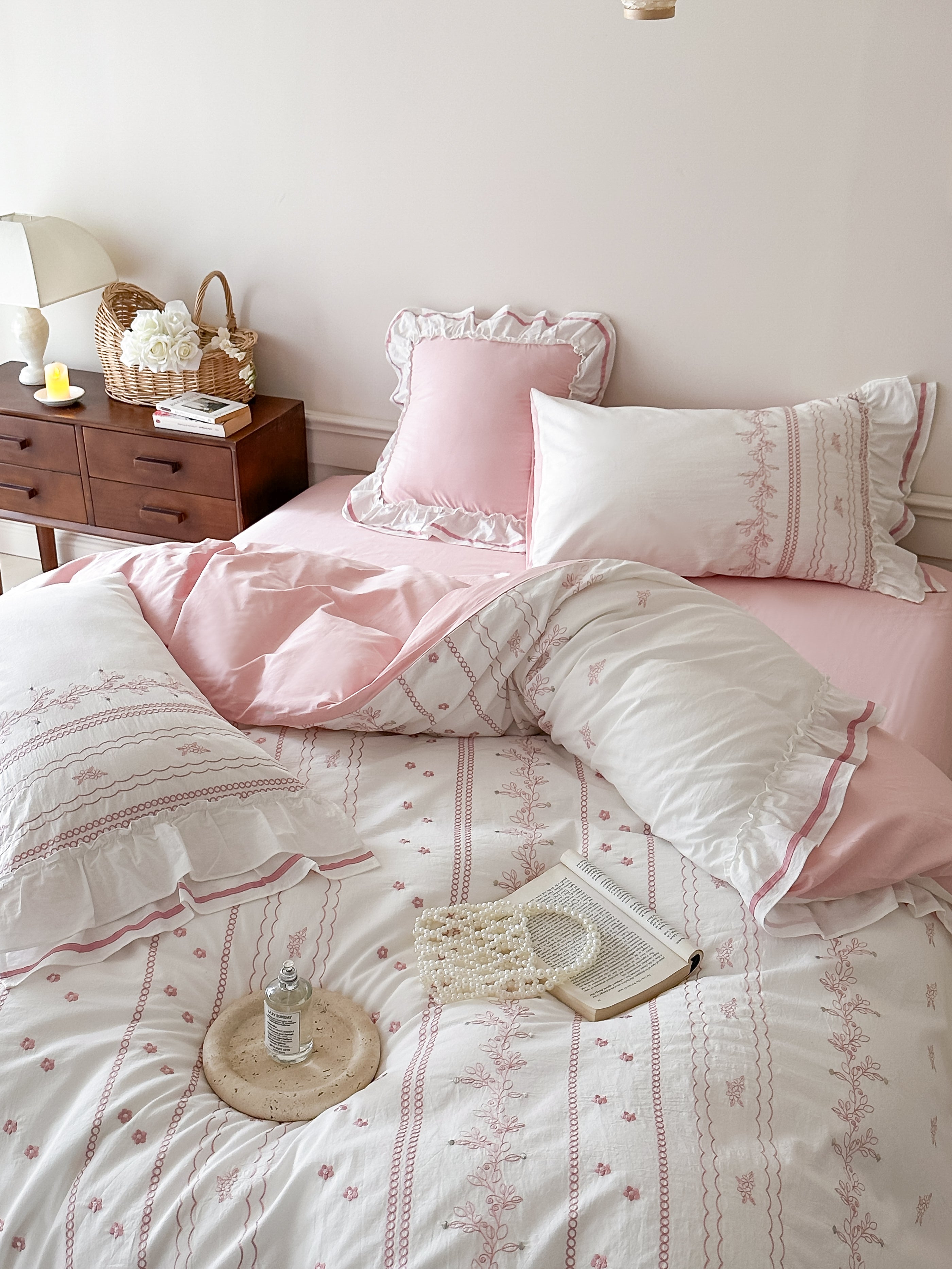 Embroidered French Lace Ruffle Bedding Set / Blue Bedding Set