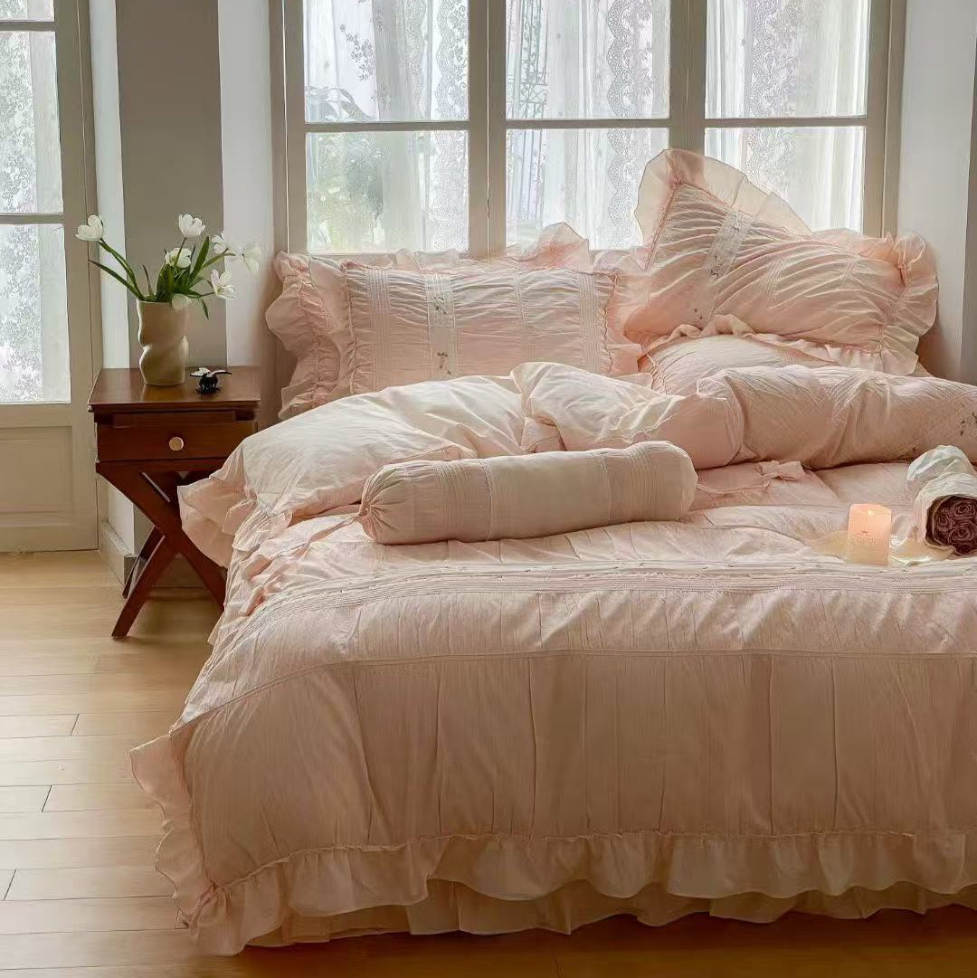 Embroidered Lace Ruffle Bedding Set / Pink Bedding Set