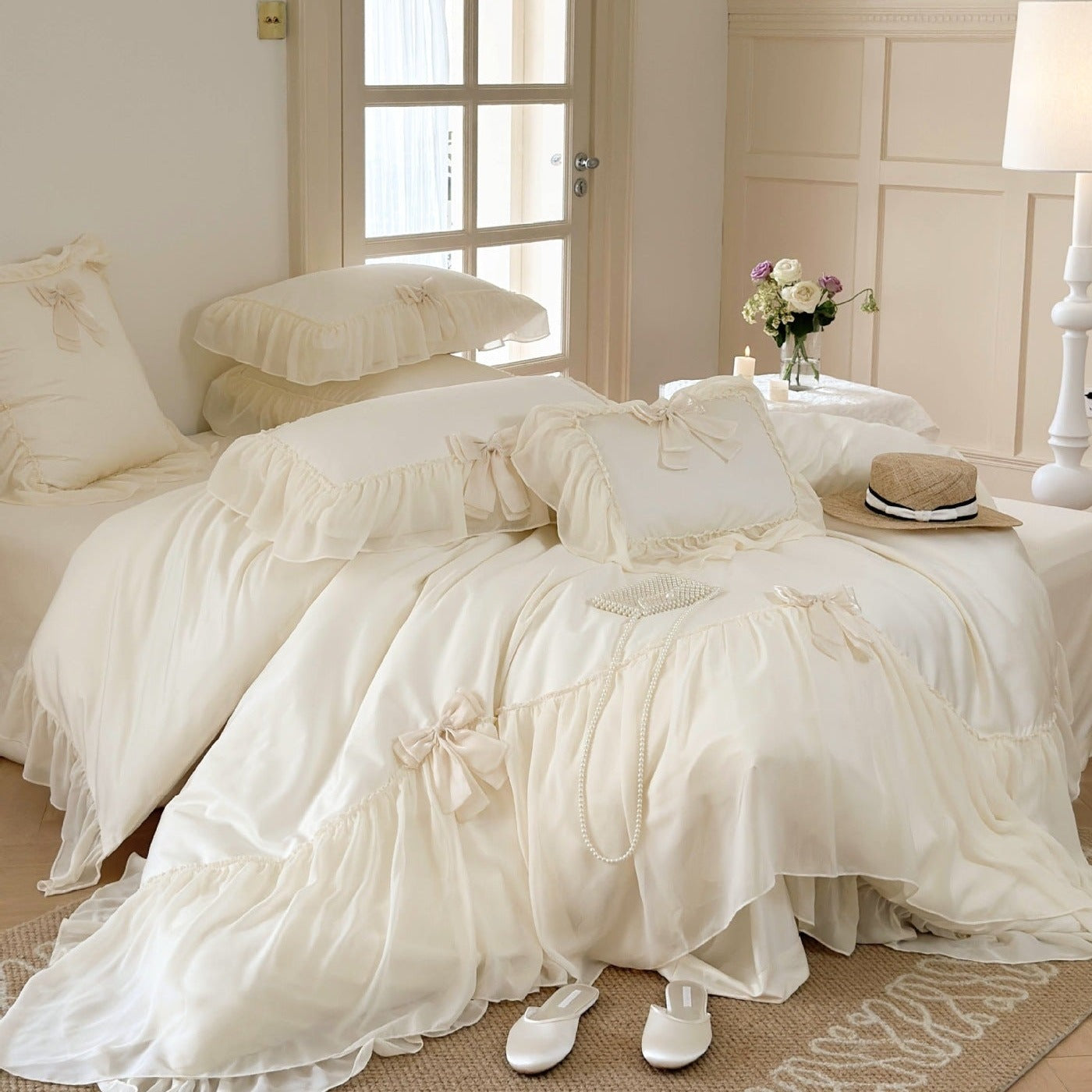 Ribbon Bow Airy Lace Bedding Set / Cream White