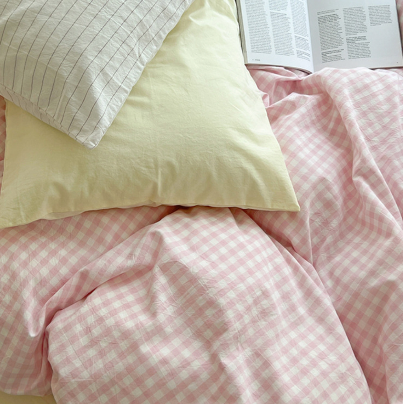 Mixed Gingham Bedding Set / Pink + Yellow Bedding Set