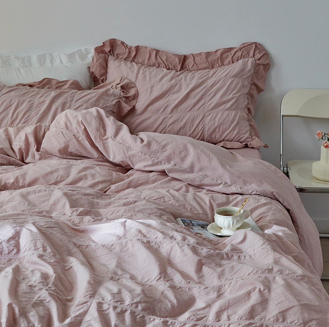Earth Tone Marshmallow Puff Ruffle Bedding Set / Rust Pink