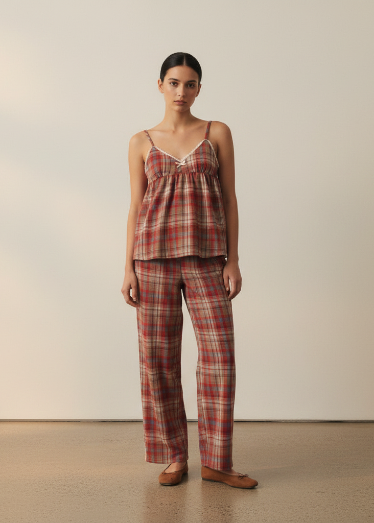 Sweet Lace Red Plaid Ribbon Pajama Set / V Neck
