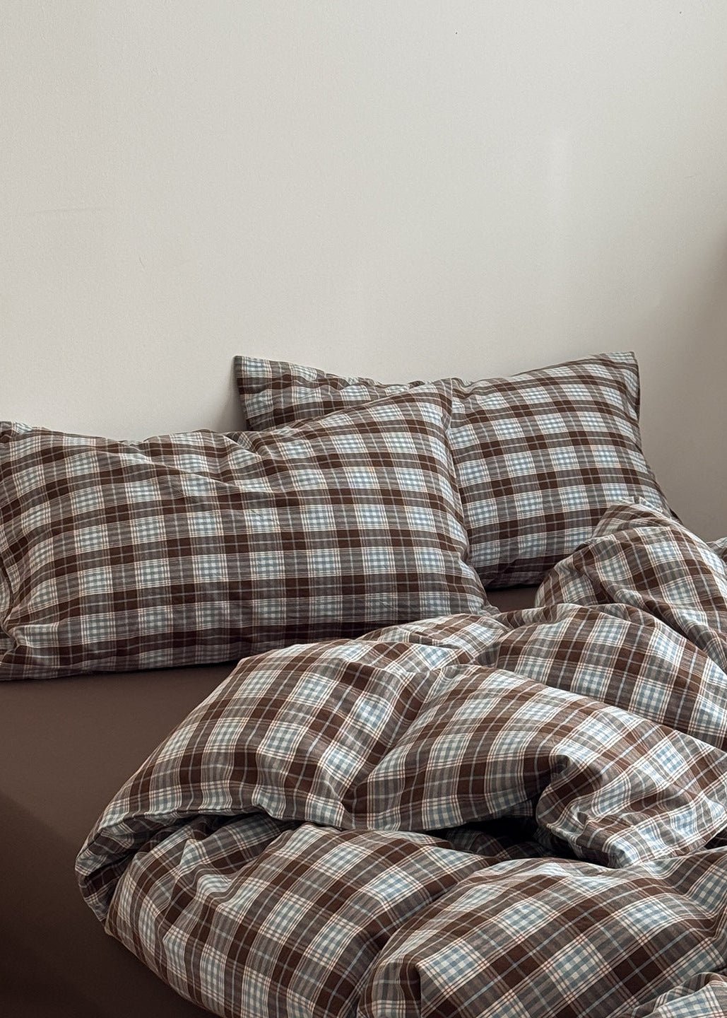 - Ever Lasting - Alora Gingham Washed Cotton Bedding Set / Brown + White - Bedding Set - Ever Lasting