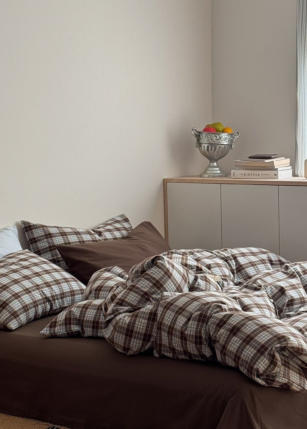 - Ever Lasting - Alora Gingham Washed Cotton Bedding Set / Brown + White - Bedding Set - Ever Lasting