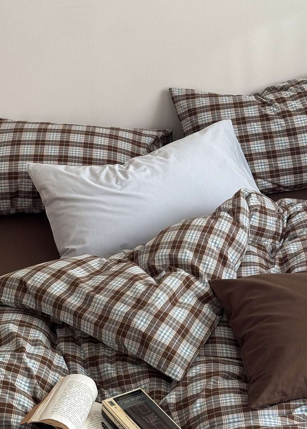 - Ever Lasting - Alora Gingham Washed Cotton Bedding Set / Brown + White - Bedding Set - Ever Lasting