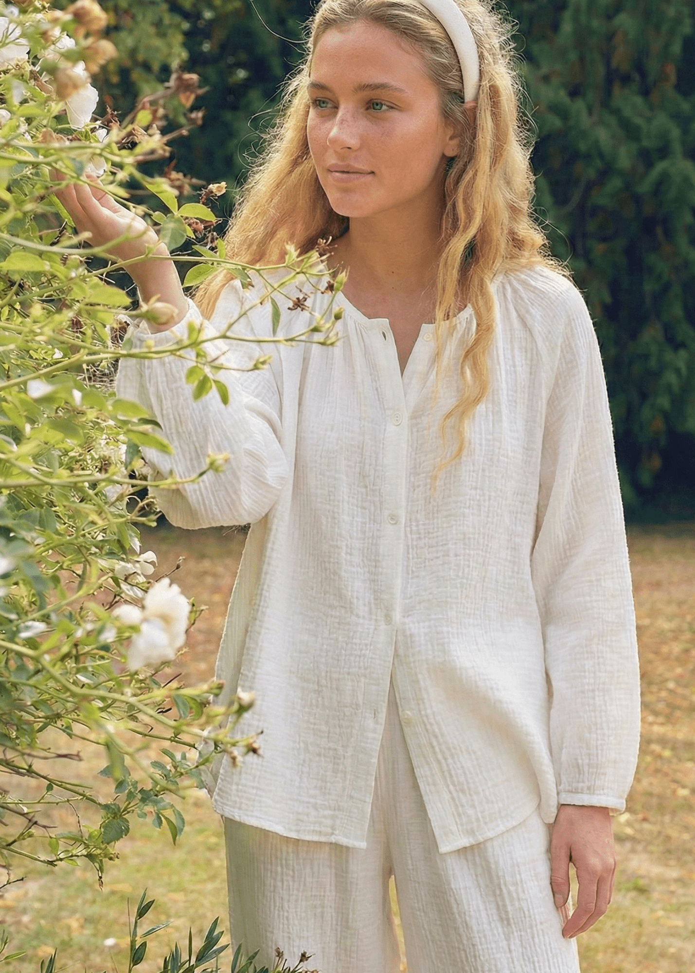 - Ever Lasting - Amélie Double - Layer Cotton Round - Neck Pajama Set / White - Pajamas - Ever Lasting