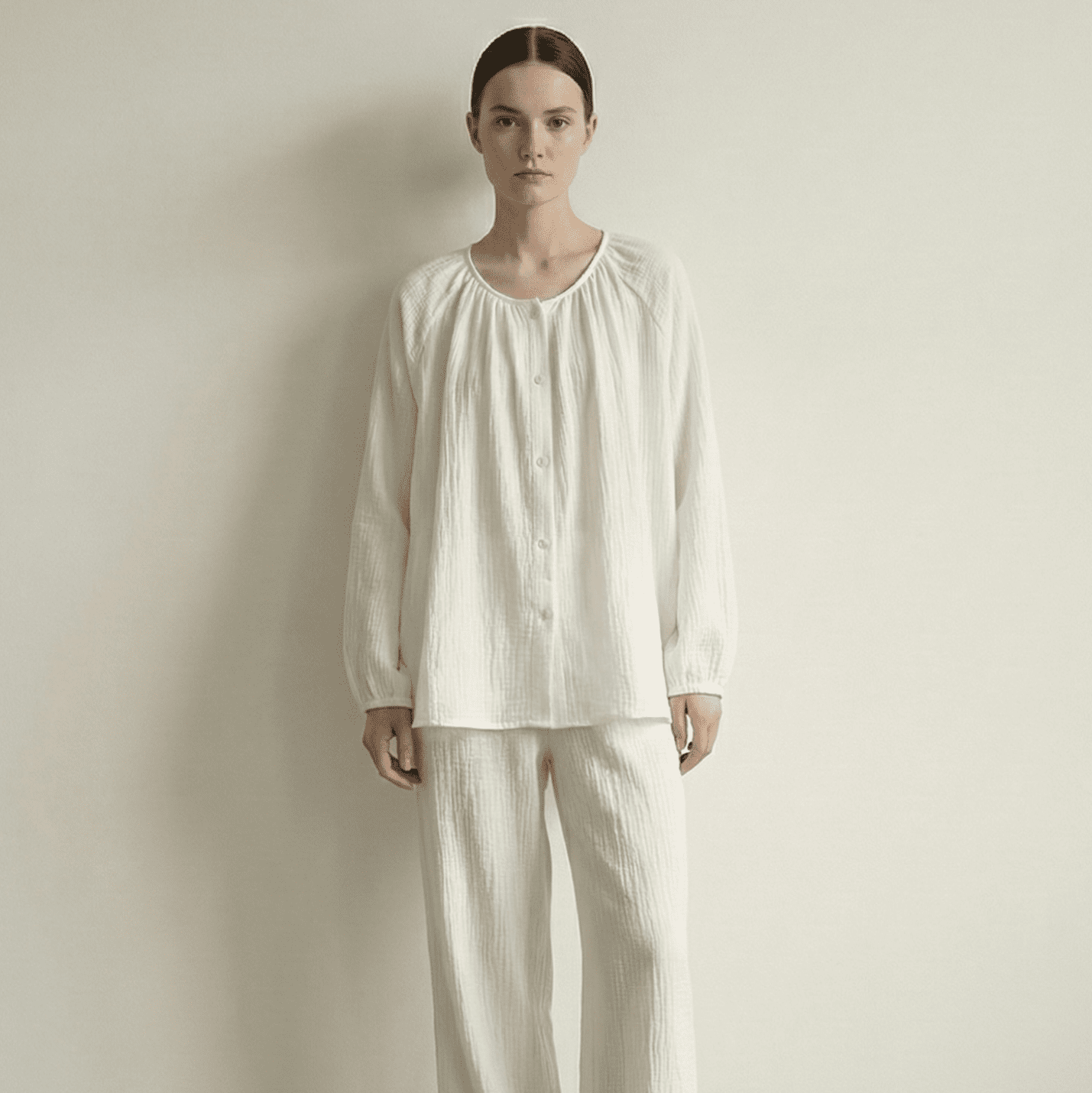 - Ever Lasting - Amélie Double - Layer Cotton Round - Neck Pajama Set / White - Pajamas - Ever Lasting