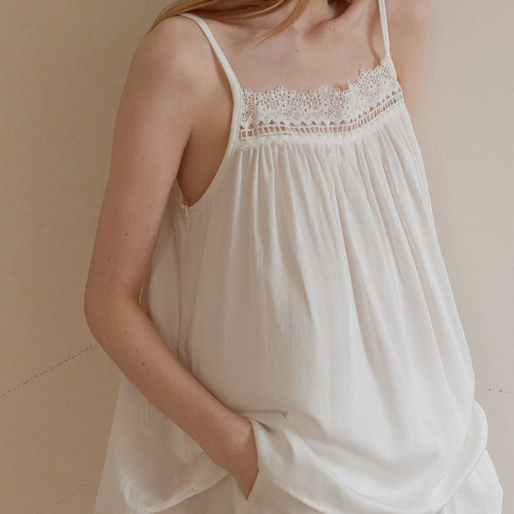 Amie Lace Collar Satin Lightweight Pajama Set / White - Ever Lasting