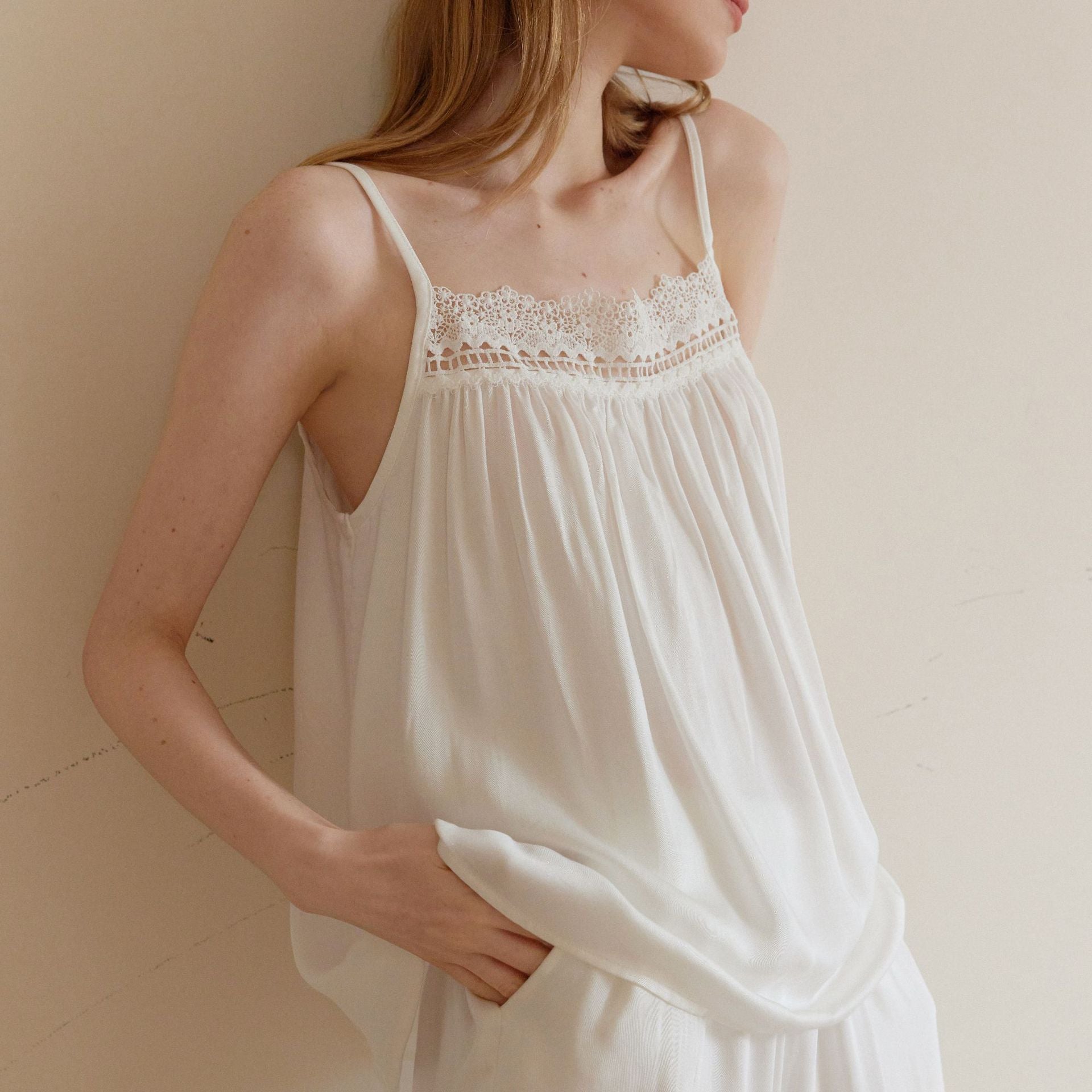 Amie Lace Collar Satin Lightweight Pajama Set / White - Ever Lasting