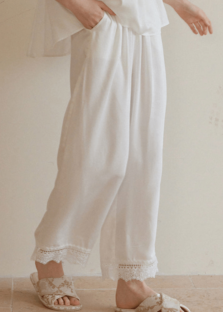 Amie Lace Collar Satin Lightweight Pajama Set / White - Ever Lasting