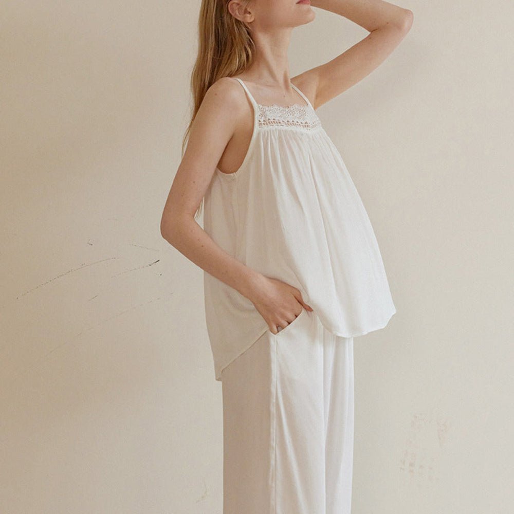 Amie Lace Collar Satin Lightweight Pajama Set / White - Ever Lasting