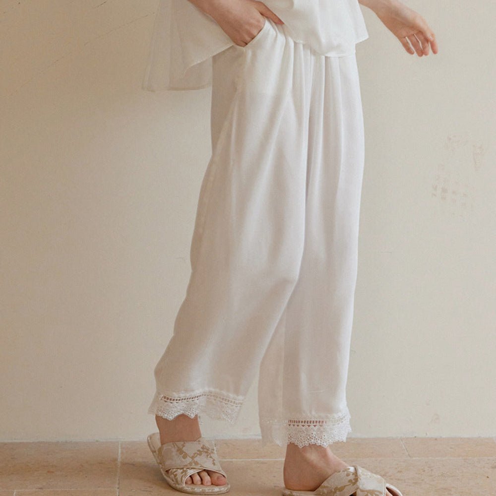 Amie Lace Collar Satin Lightweight Pajama Set / White - Ever Lasting