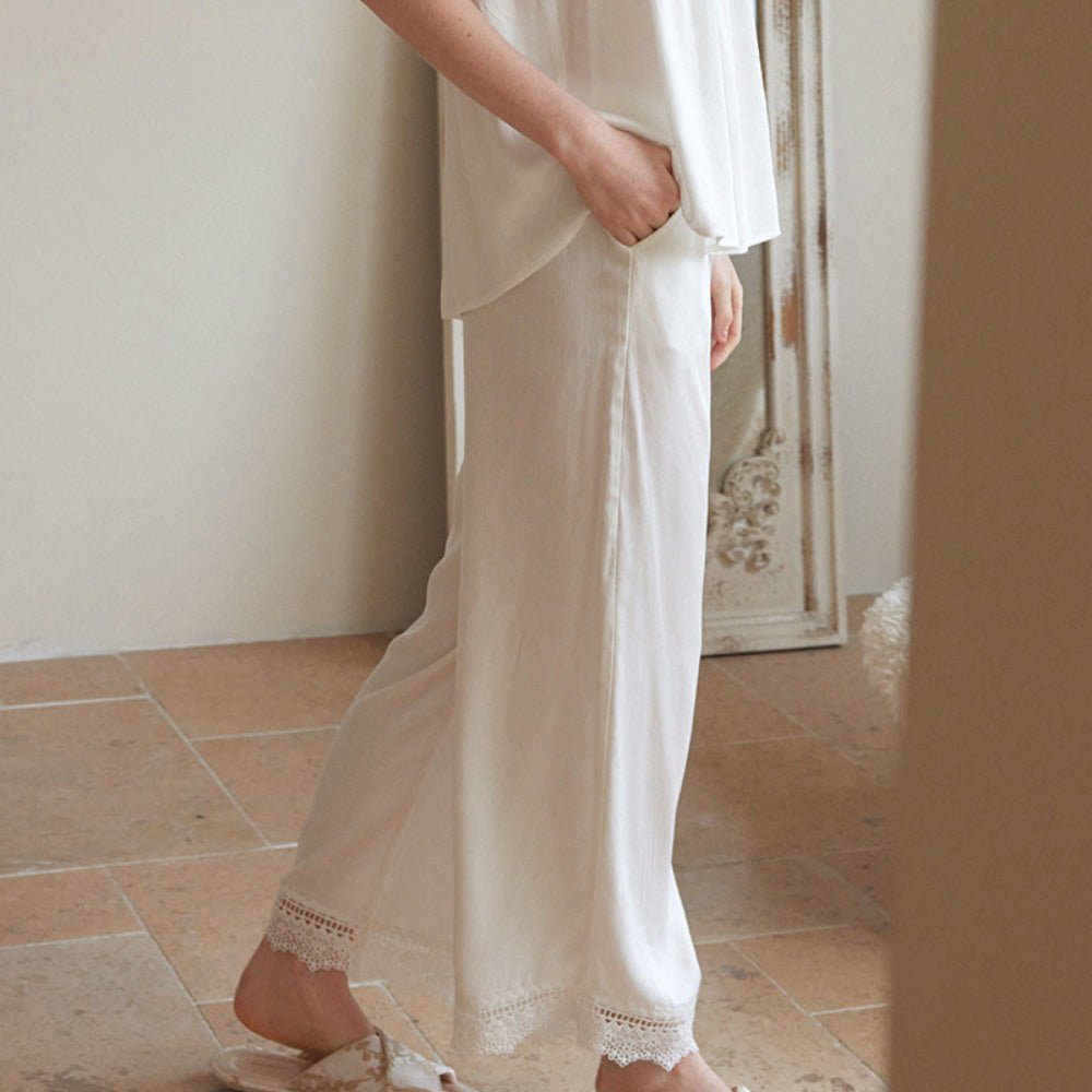 Amie Lace Collar Satin Lightweight Pajama Set / White - Ever Lasting